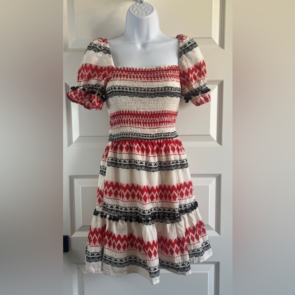 EN CRÈME Smocked Boho Pom Pom Mini Dress Red Cream Black Size XS TINY FLAW